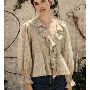 DÔEN Hardy Ruffle Button Pintuck Blouse in Mustard California Wildflower - XL